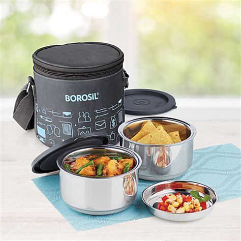 borosil carry fresh stainless steel insulated lunch box|Borosil steel lunch box.